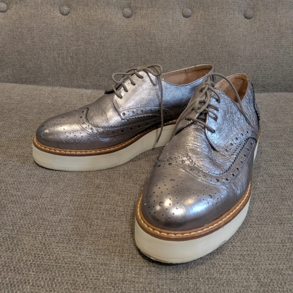 Jonak London Metallic Silver Platform Oxford Shoes Size EU 40 US 9.5